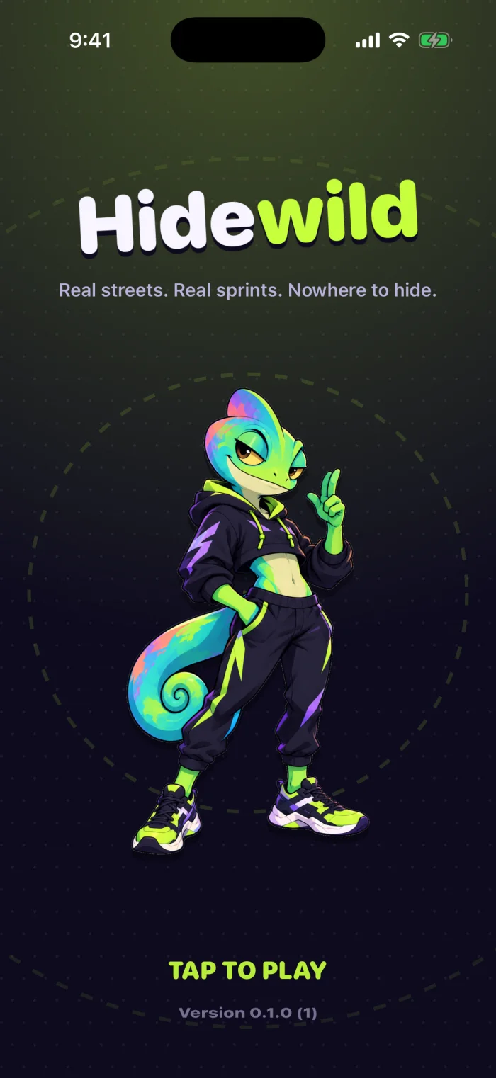 The Hidewild title screen: the wordmark with “Hide” in white and “wild” in bright green, the tagline “Real streets. Real sprints. Nowhere to hide.”, and Wilder the chameleon standing inside a dashed ring.