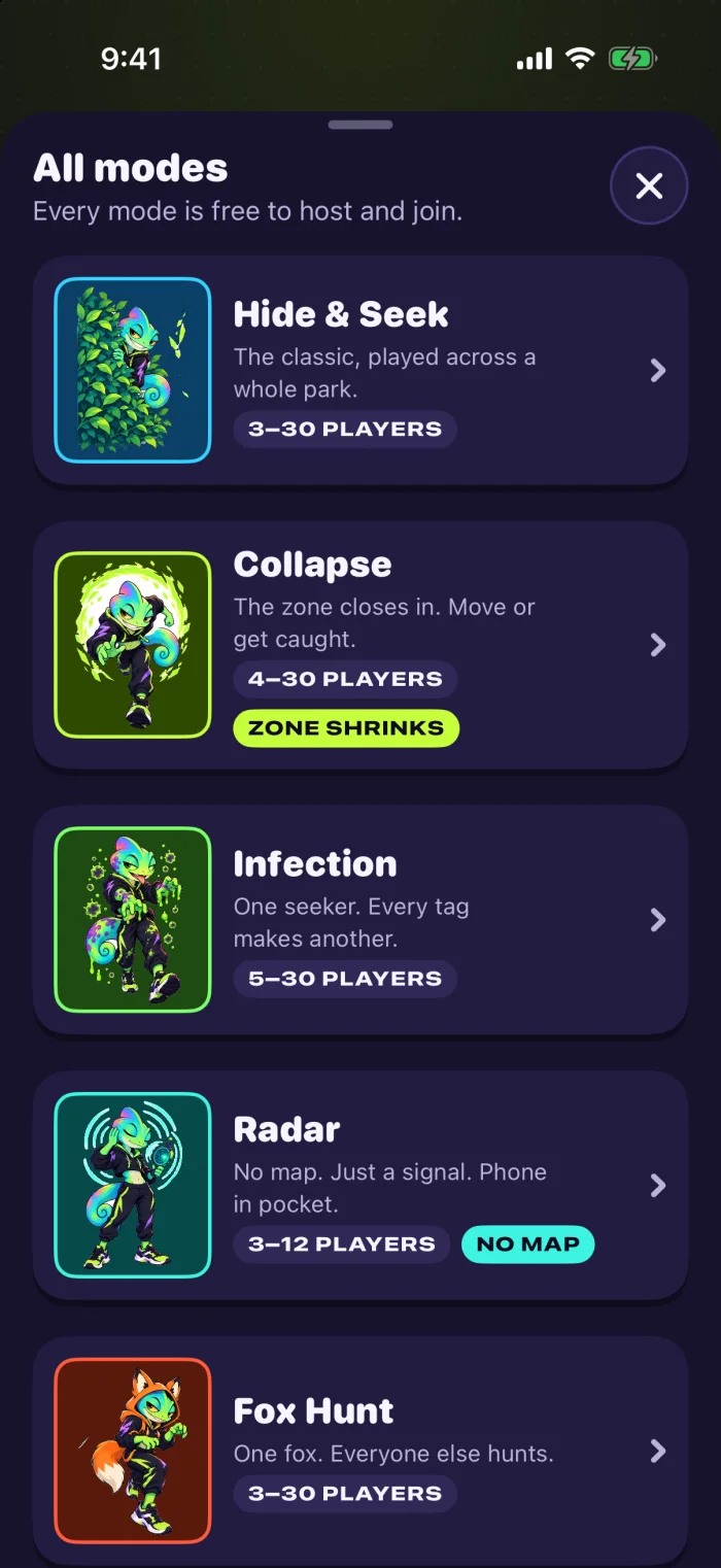 The mode picker listing Hide & Seek, Collapse, Infection, Radar and Fox Hunt, each with its own art and colour.