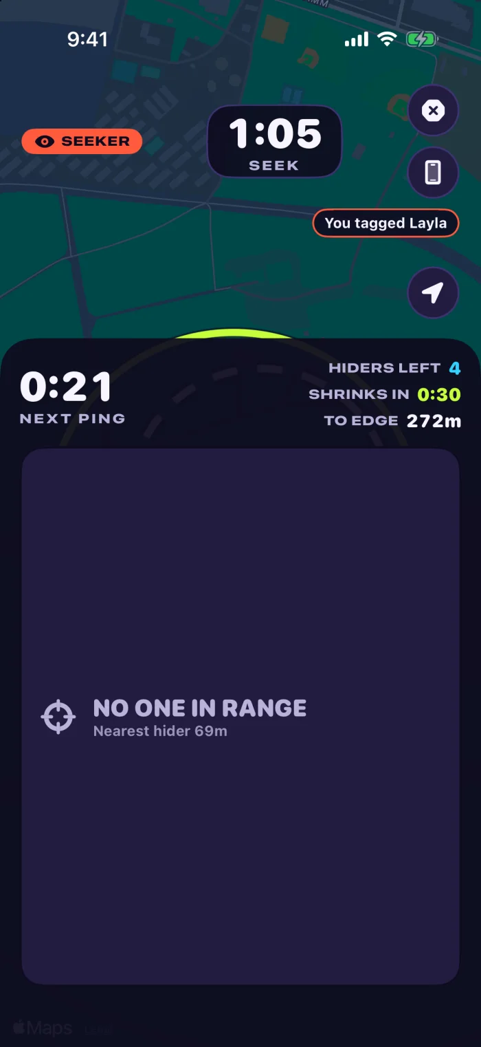 The seek phase: a SEEKER badge, the match clock at 1:05, countdowns to the next ping and the next shrink, the distance to the zone edge, and a panel reading “no one in range, nearest hider 69 metres”.