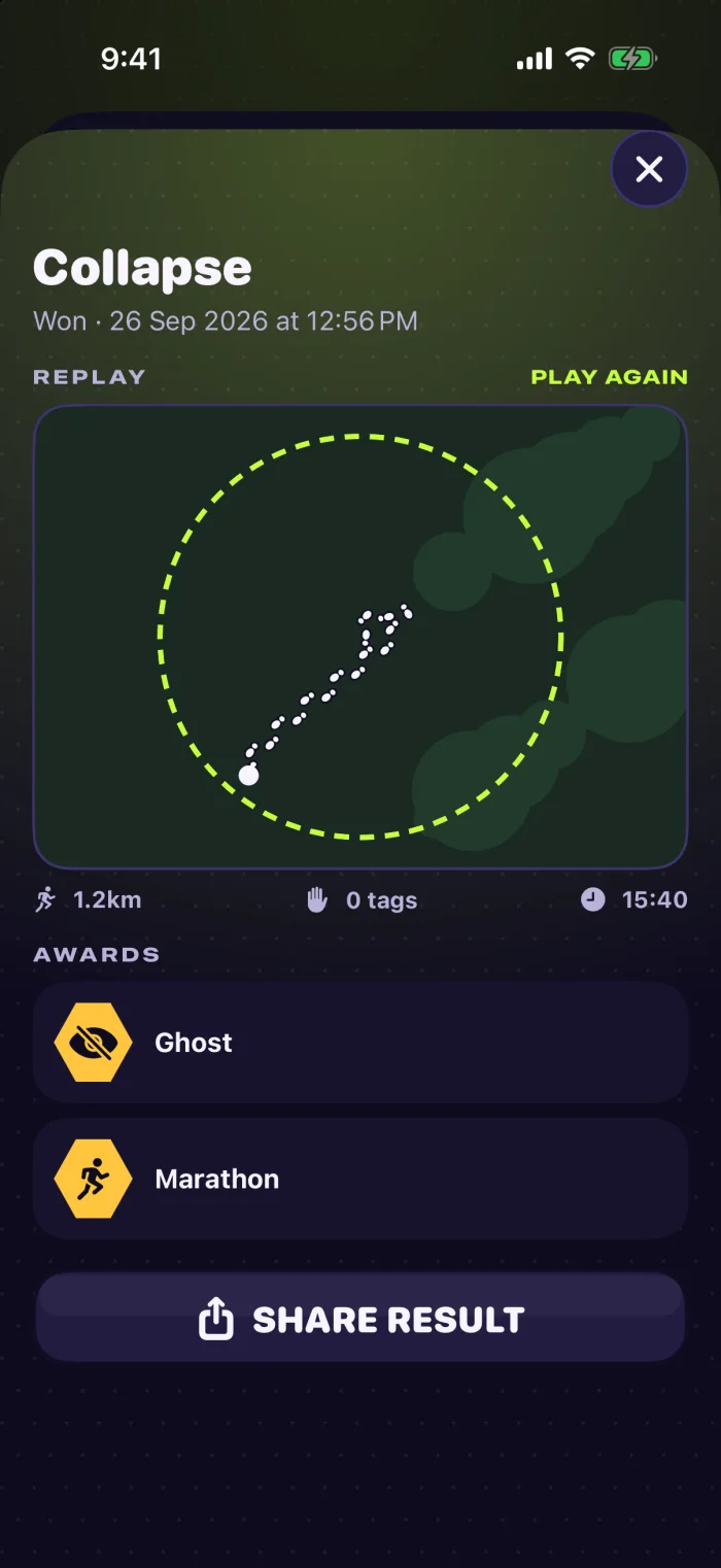 The replay screen for a won Collapse match: the player's footstep trail drawn inside the dashed zone, 1.2 kilometres, zero tags, 15 minutes 40, and Ghost and Marathon awards.