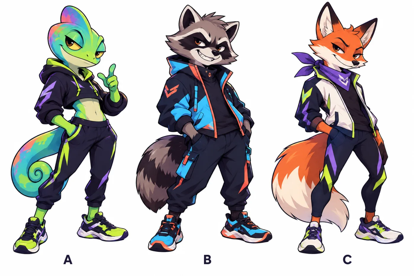 Three mascot options side by side: a chameleon labelled A, a raccoon labelled B and a fox labelled C, all in the same dark streetwear.