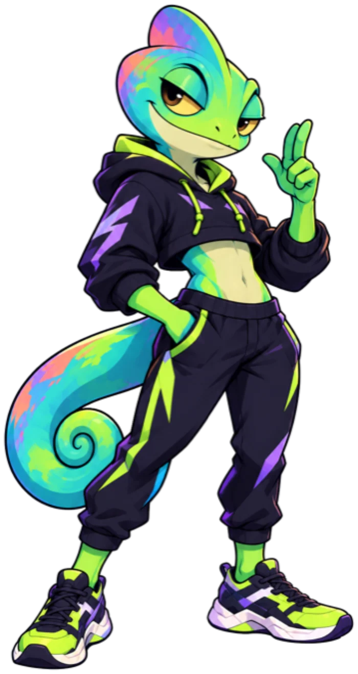 Wilder, the Hidewild chameleon mascot, in a black hoodie and joggers with green and violet flashes.