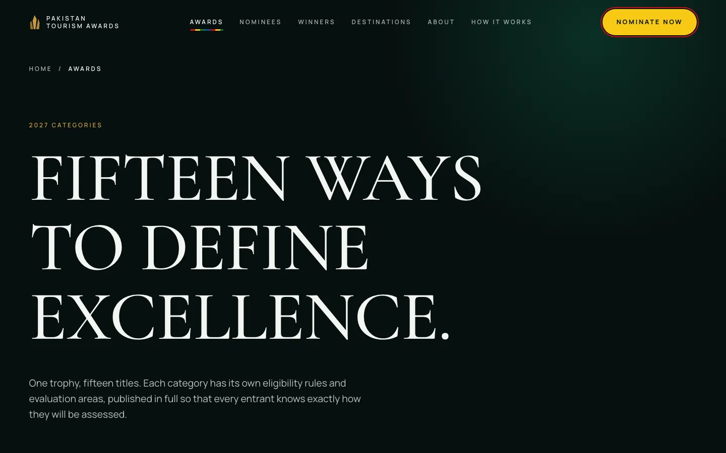 The awards page of the Pakistan Tourism Awards site, headed “Fifteen ways to define excellence”.