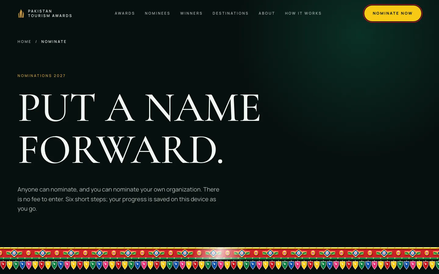 The nomination page, headed “Put a name forward”, above a band of truck-art decoration.