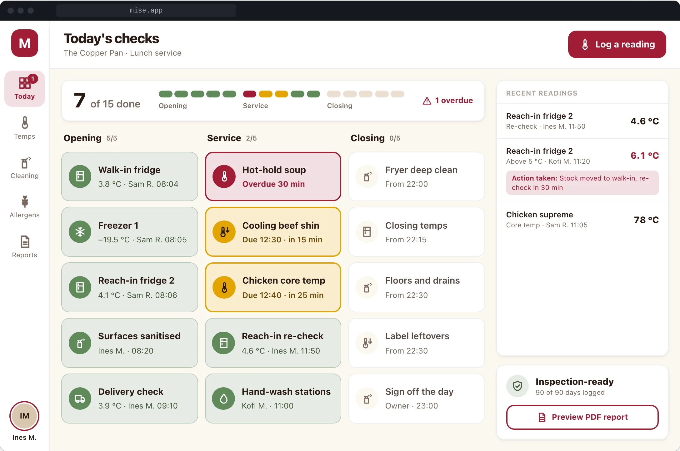 Mise, today's checks screen, designed and built